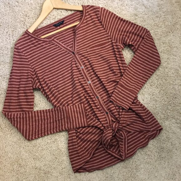 100% Cotton Long Sleeve Tie Hem Raspberry and Peach Pinstripe Top - Picture 11 of 16